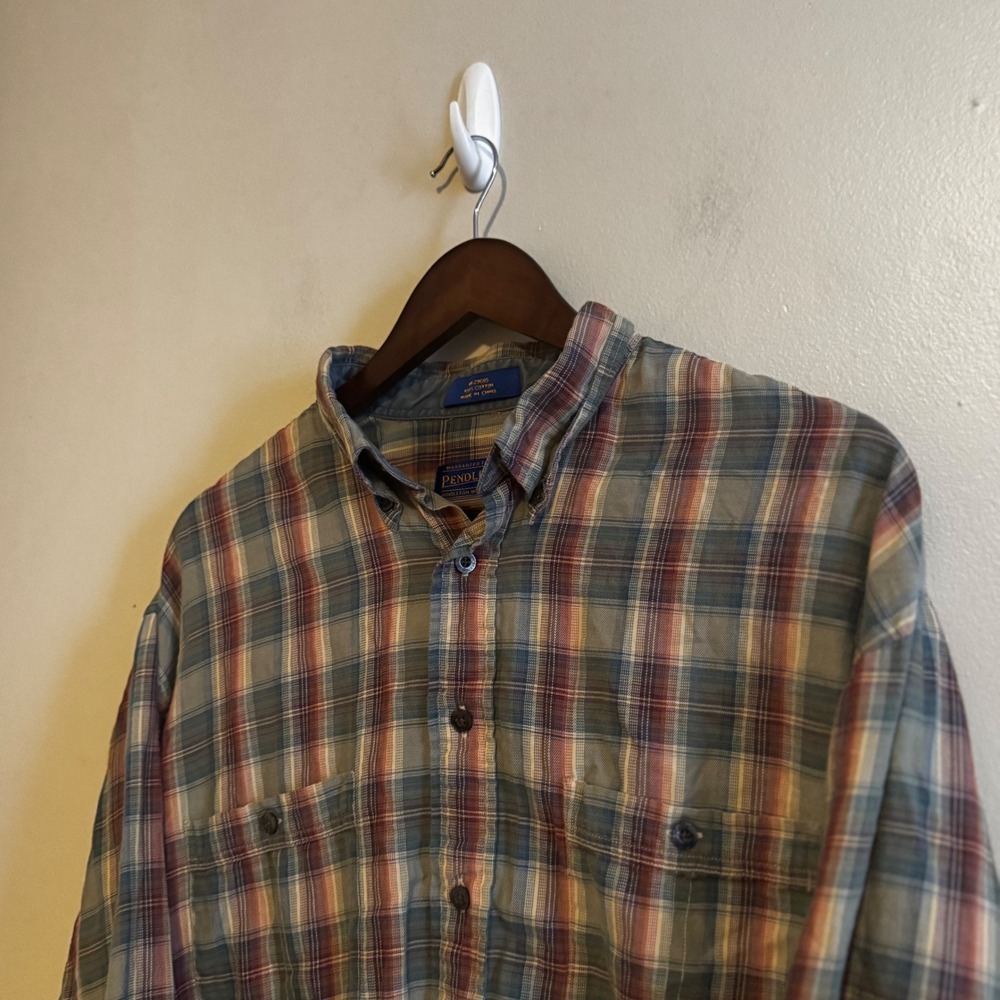Pendleton Mens L Long Sleeve Button Down Shirt Cotton Fall Green Orange Mustard